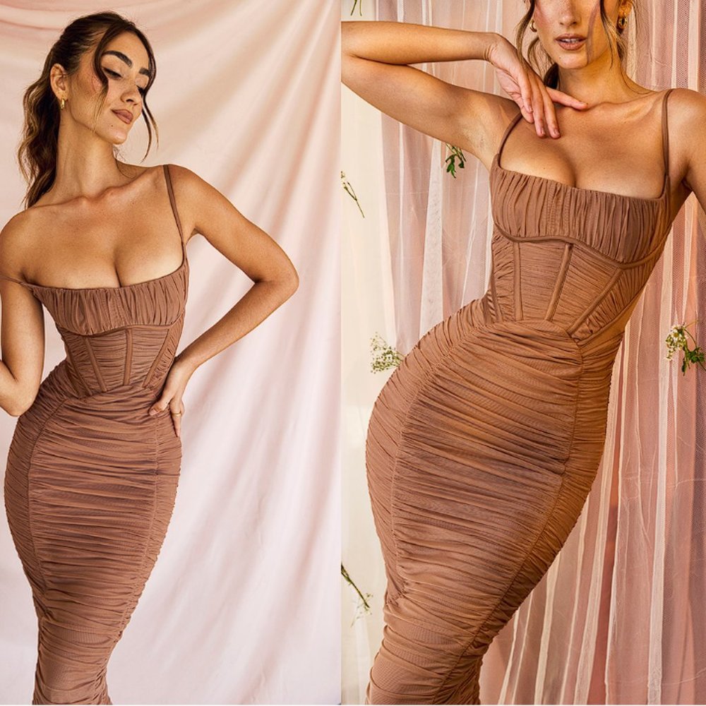 HOUSE OF CB 'Lilian' Mocha Corset Maxi Dress NWT